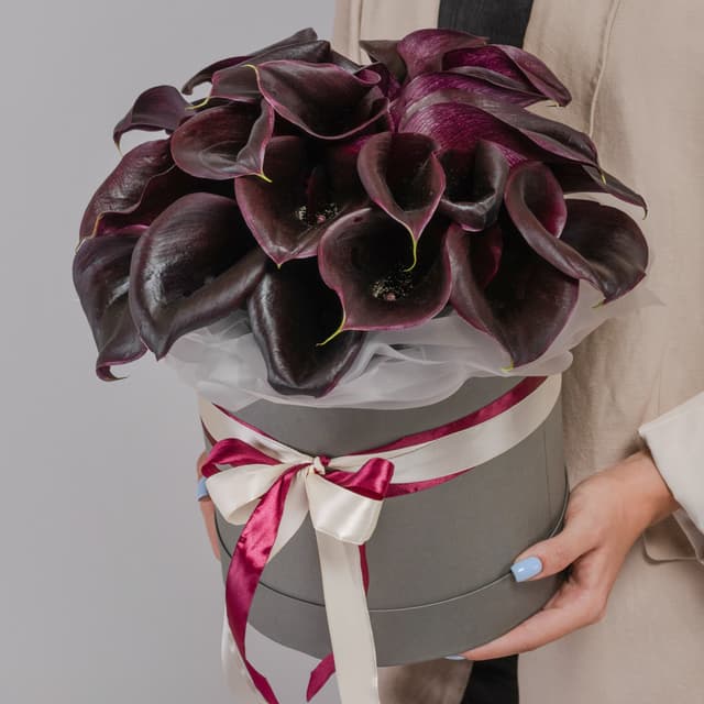 35 Черных Калл в шляпной коробке (цвет на выбор из ассортимента) 35 Черных Калл в шляпной коробке (цвет на выбор из ассортимента)