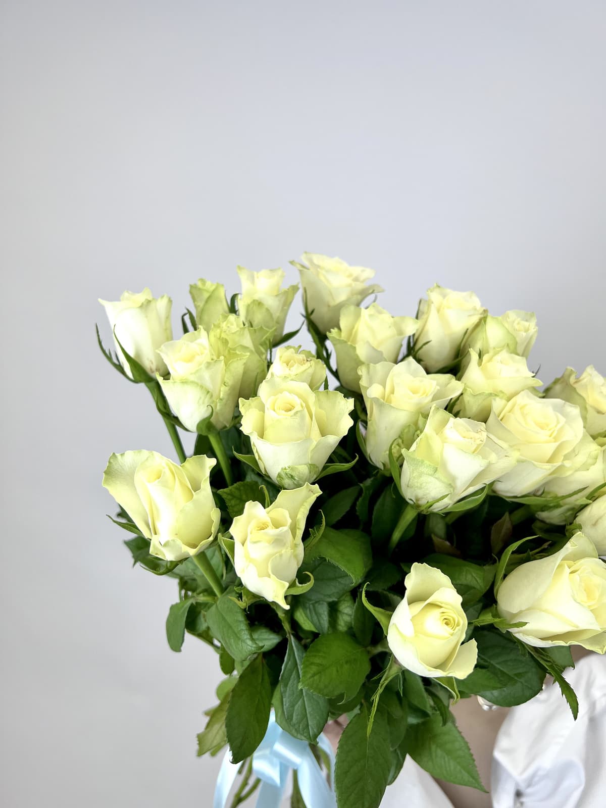 Красочный букет из 25 белых роз стандарт 50 см