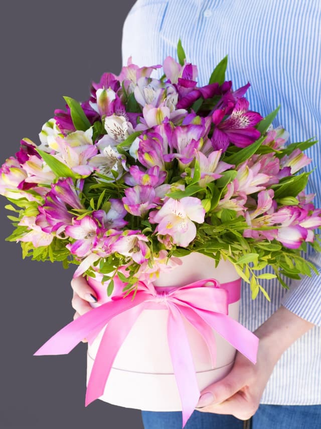 Композиция из Альстромерий микс с зеленью в шляпной коробке Композиция из Альстромерий микс с зеленью в шляпной коробке