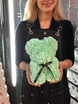 Мишка из роз мятный 28 см + ПОДАРОК