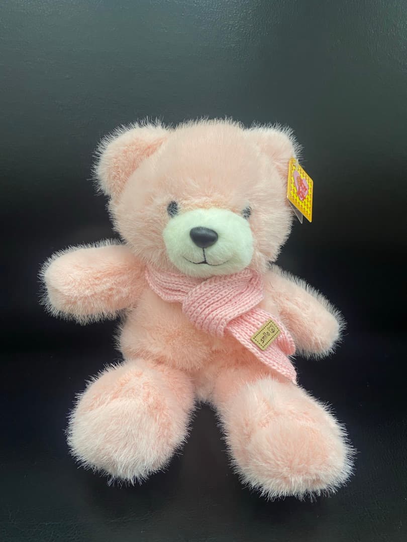 Мишка в вязаном шарфе розовый 30 см