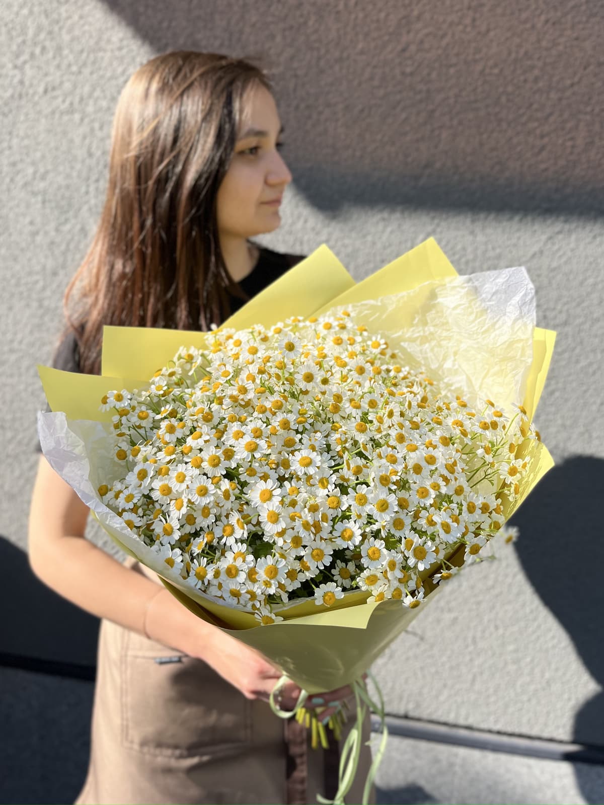 Цветочный моно букет из 23 Ромашек в матовой бумаге