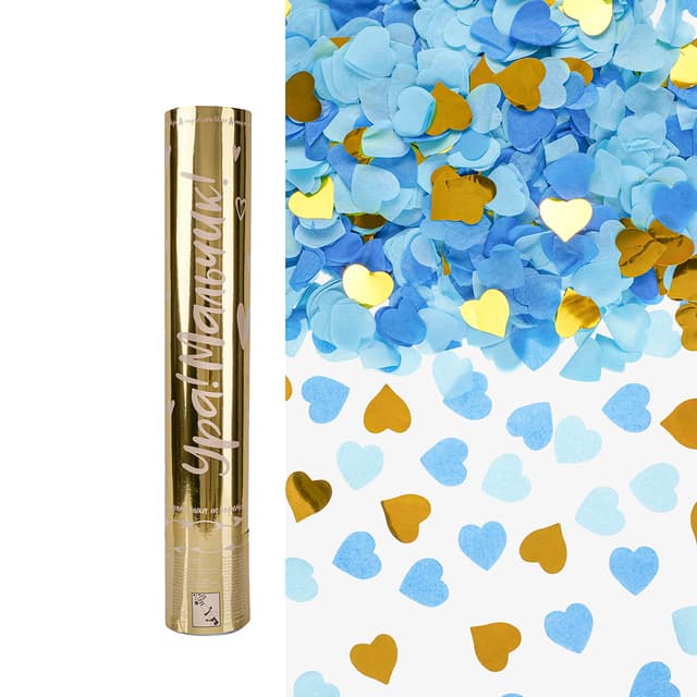 Пневмохлопушка (12/30 см), Гендер Пати, Ура, Мальчик!, Сердца фольга и тишью, Голубой/Золото Пневмохлопушка (12/30 см), Гендер Пати, Ура, Мальчик!, Сердца фольга и тишью, Голубой/Золото