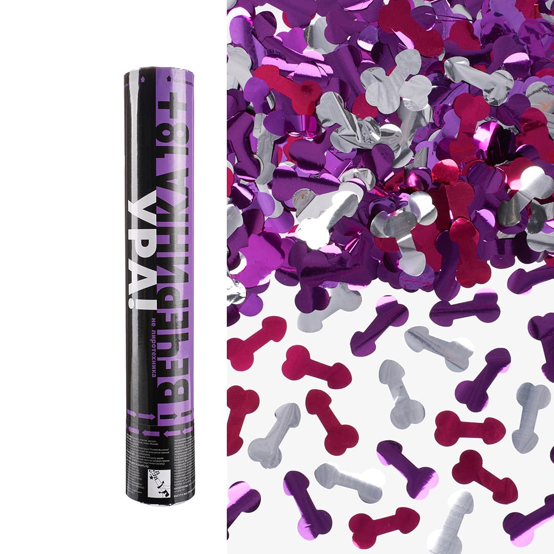 Пневмохлопушка (12/30 см), Плейбой 18+, Конфетти фольга, Фуше/Серебро, 1 шт.