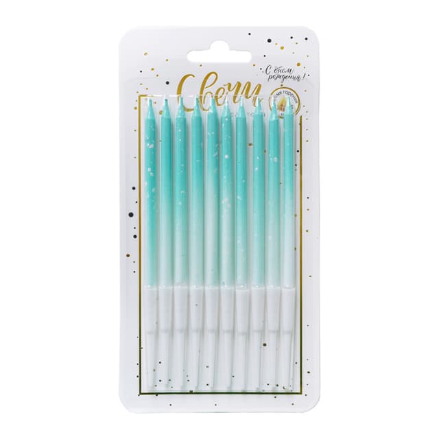Свечи тортово-коктейльные Градиент с брызгами Минт с держателями / 10 шт., 11 см / Свечи тортово-коктейльные Градиент с брызгами Минт с держателями / 10 шт., 11 см /