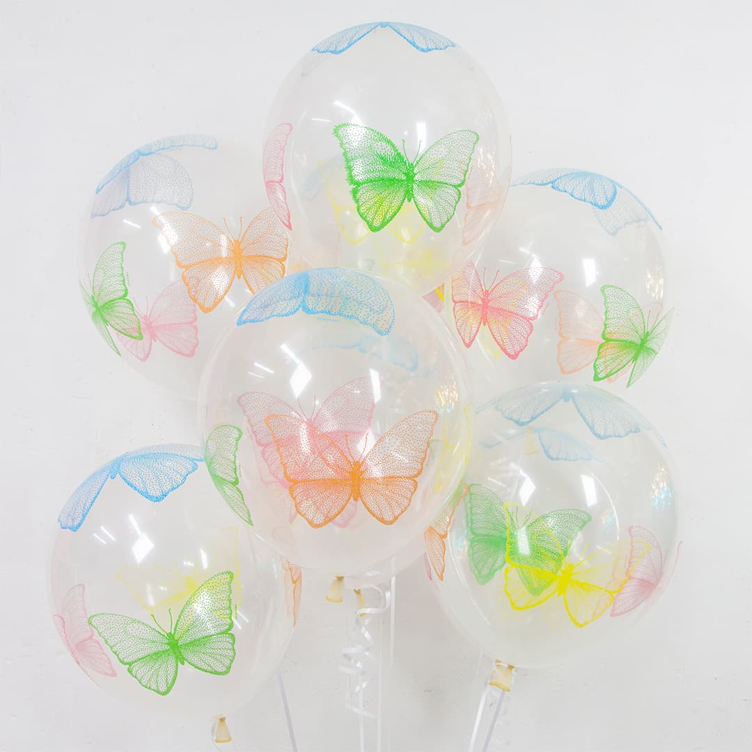 Воздушный шар (12''/30 см) Яркие бабочки, Прозрачный (600), кристалл, 5 ст