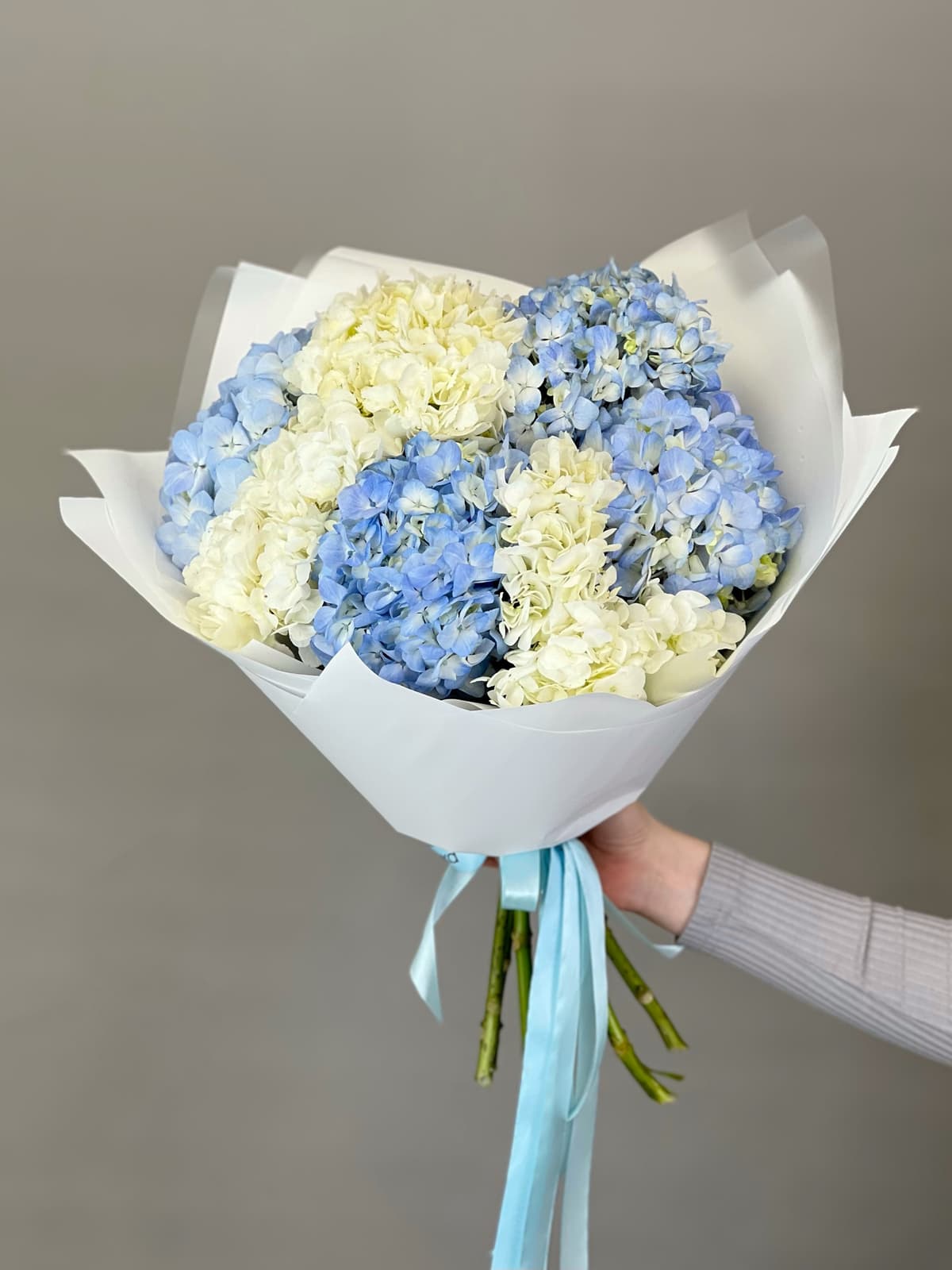 Праздничный букет из 7 гортензиий "Небесно-голубой"